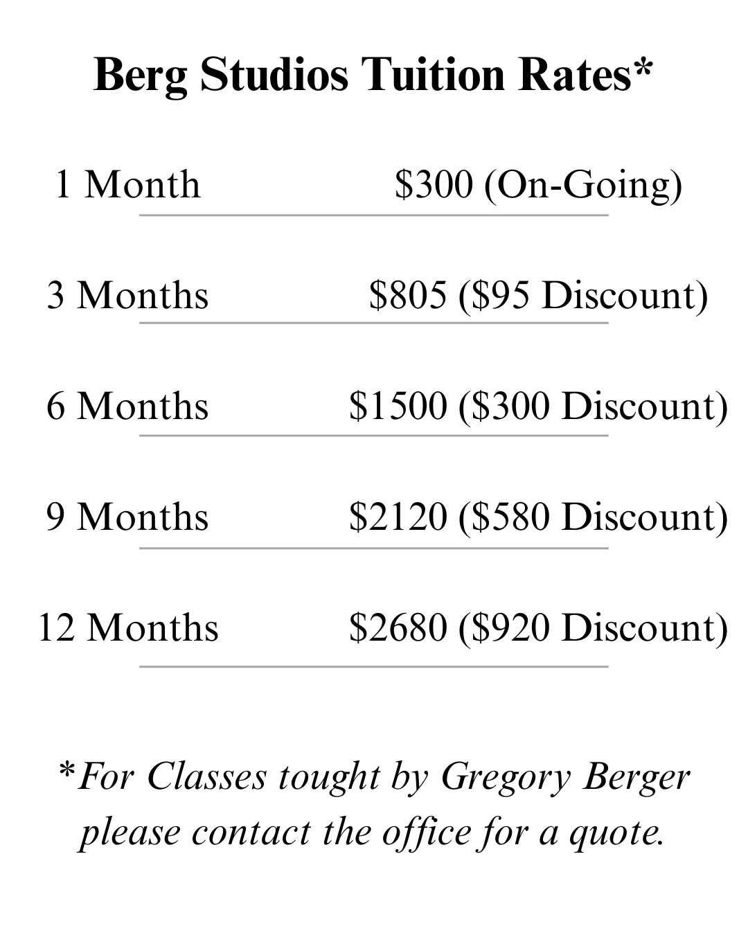 Berg Studios Tuition Rates