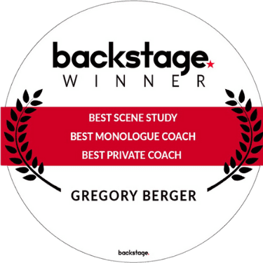 Backstage award badge showing Gregory Berger named Best Scene Study, Best Monologue Coach, and Best Acting Coach